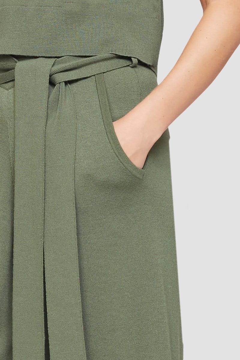 Tie Waist Wide Leg Pant, green wool-blend side tie fastening wide leg belt loops two side slit pockets- 4