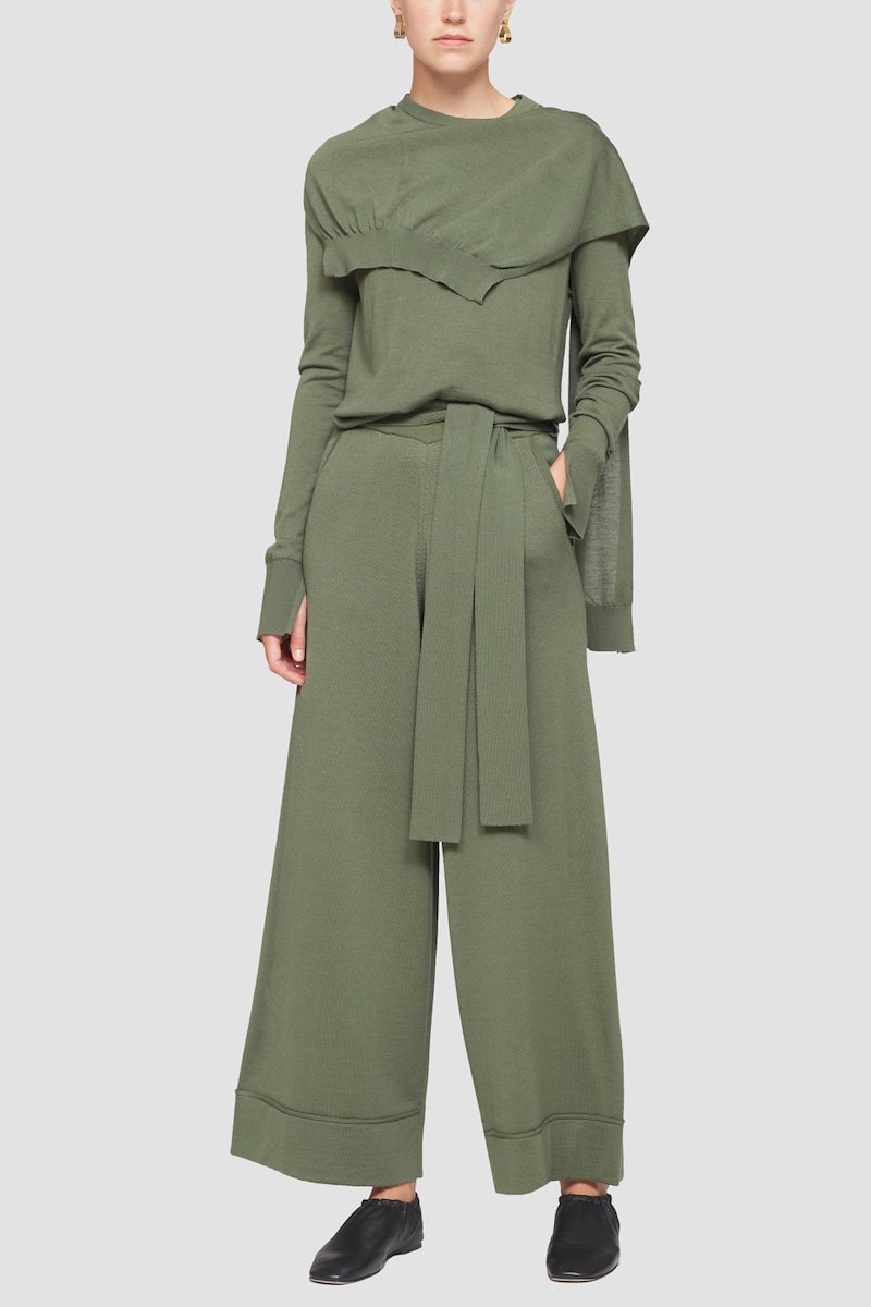 Tie Waist Wide Leg Pant-green #0 Tie Waist Wide Leg Pant, green wool-blend side tie fastening wide leg belt loops two side slit pockets- 0