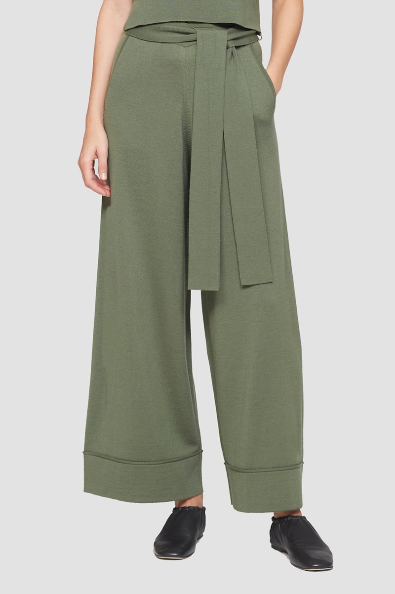 Tie Waist Wide Leg Pant-green #1 Tie Waist Wide Leg Pant, green wool-blend side tie fastening wide leg belt loops two side slit pockets- 1