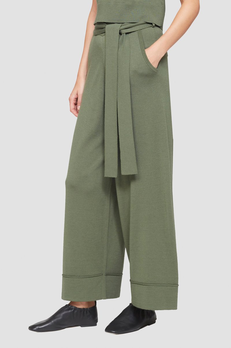 Tie Waist Wide Leg Pant-green #0 Tie Waist Wide Leg Pant, green wool-blend side tie fastening wide leg belt loops two side slit pockets- 2