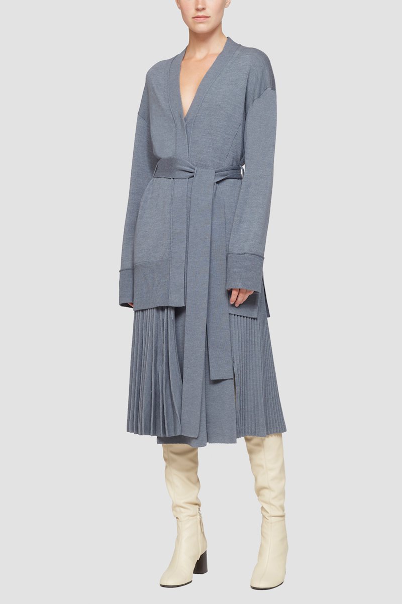 Pleated Tie Waist Skirt-grey #0 Pleated Tie Waist Skirt, wrap pleated knit skirt from 3.1 PHILLIP LIM featuring medium grey, wool, fully pleated, wrap design and below-knee length.- 0