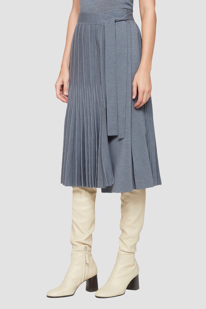 Pleated Tie Waist Skirt-grey #0 Pleated Tie Waist Skirt, wrap pleated knit skirt from 3.1 PHILLIP LIM featuring medium grey, wool, fully pleated, wrap design and below-knee length.- 2
