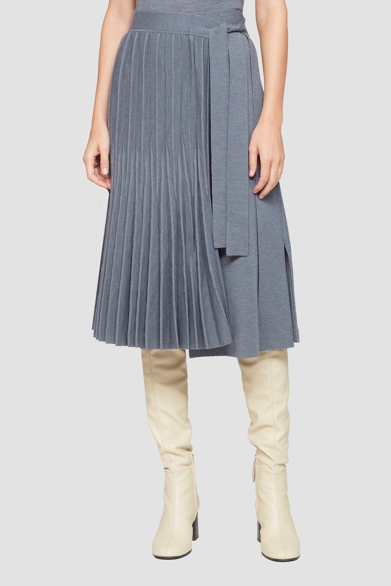 Pleated Tie Waist Skirt-grey #1 Pleated Tie Waist Skirt, wrap pleated knit skirt from 3.1 PHILLIP LIM featuring medium grey, wool, fully pleated, wrap design and below-knee length.- 1