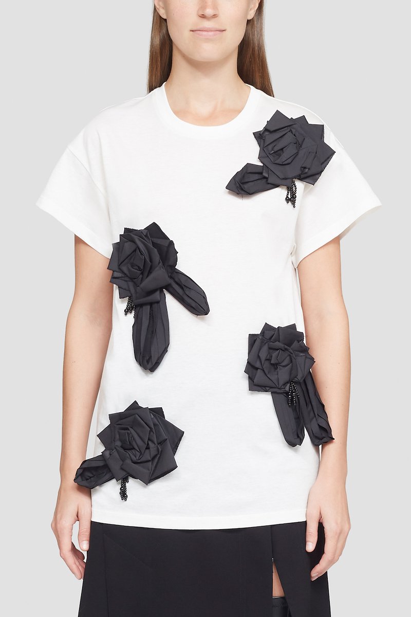 Short Sleeve Floral Embroidered T-Shirt-white #0 Short Sleeve Floral Embroidered T-Shirt, floral-appliqué short-sleeve T-shirt from 3.1 PHILLIP LIM featuring white/black, cotton, floral appliqué, round neck, short sleeves and straight hem.- 0