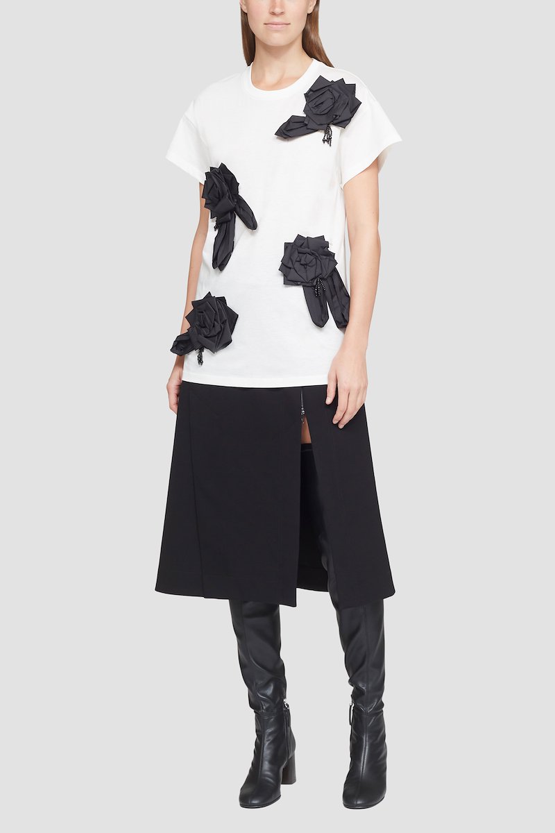 Short Sleeve Floral Embroidered T-Shirt-white #1 Short Sleeve Floral Embroidered T-Shirt, floral-appliqué short-sleeve T-shirt from 3.1 PHILLIP LIM featuring white/black, cotton, floral appliqué, round neck, short sleeves and straight hem.- 1