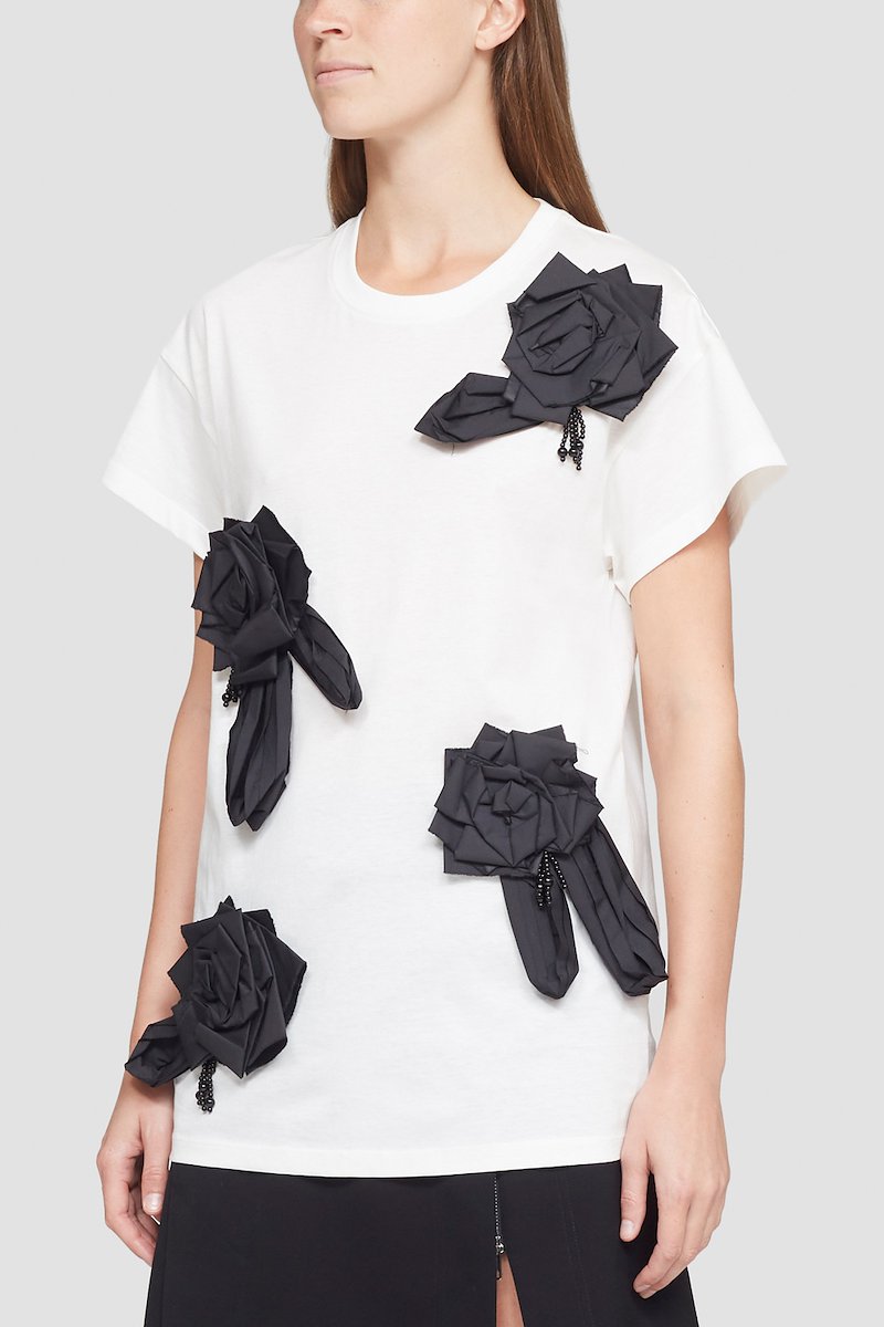 Short Sleeve Floral Embroidered T-Shirt-white #1 Short Sleeve Floral Embroidered T-Shirt, floral-appliqué short-sleeve T-shirt from 3.1 PHILLIP LIM featuring white/black, cotton, floral appliqué, round neck, short sleeves and straight hem.- 3