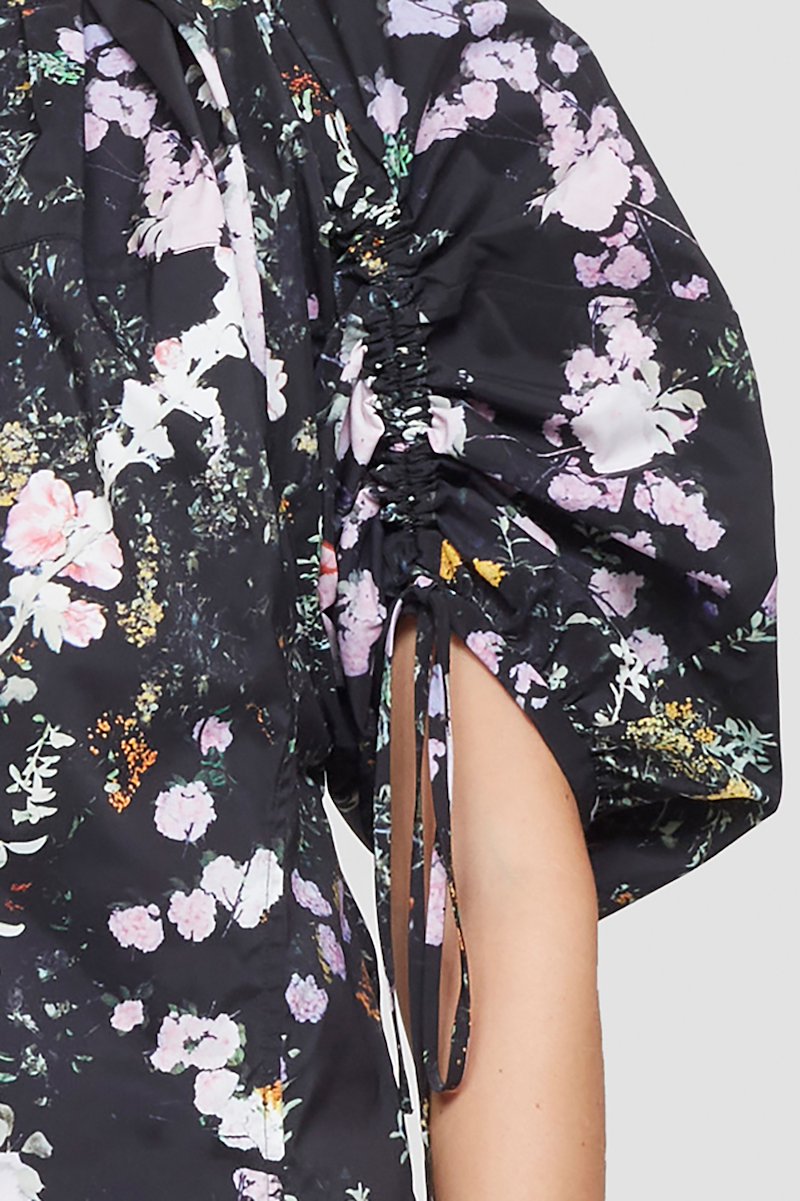 Puff Sleeve Floral Blouse-blue #0 Puff Sleeve Floral Blouse, black all-over floral print round neck concealed front fastening half-length sleeves straight hem- 4