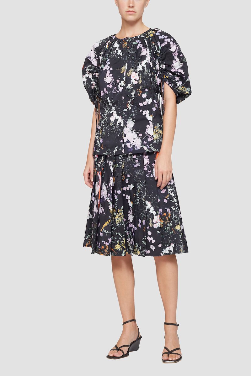 Puff Sleeve Floral Blouse-blue #0 Puff Sleeve Floral Blouse, black all-over floral print round neck concealed front fastening half-length sleeves straight hem- 0