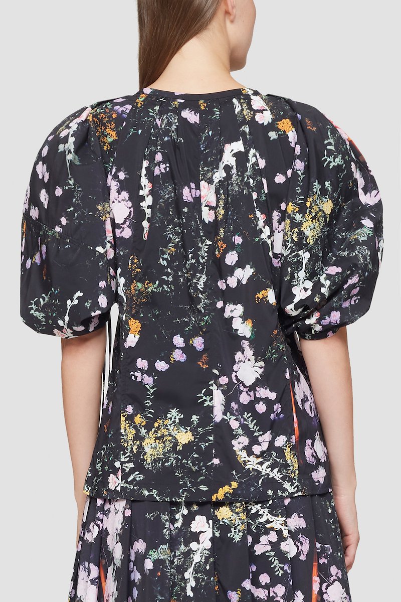 Puff Sleeve Floral Blouse-blue #1 Puff Sleeve Floral Blouse, black all-over floral print round neck concealed front fastening half-length sleeves straight hem- 3