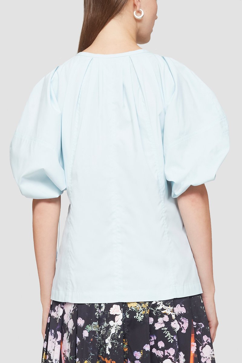 Puff Sleeve Blouse-blue #1 Puff Sleeve Blouse, blue poplin weave fully pleated ruched detailing round neck short puff sleeves- 3