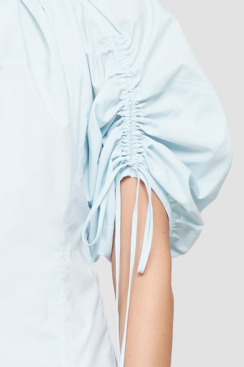 Puff Sleeve Blouse-blue #0 Puff Sleeve Blouse, blue poplin weave fully pleated ruched detailing round neck short puff sleeves- 4