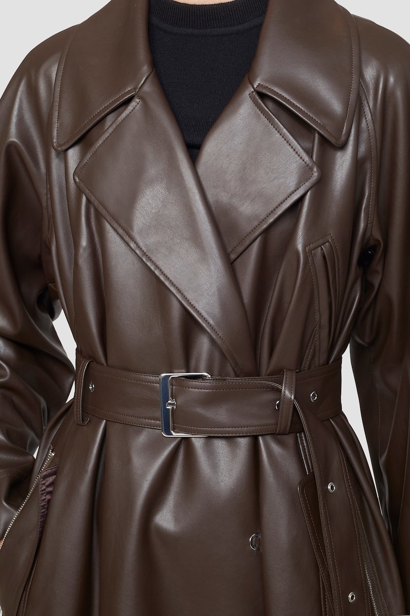 Leather Alternative Trench Coat-brown #0 Leather Alternative Trench Coat, null- 4