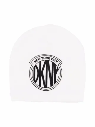 Shop Dkny Kids logo-patch knitted hat 