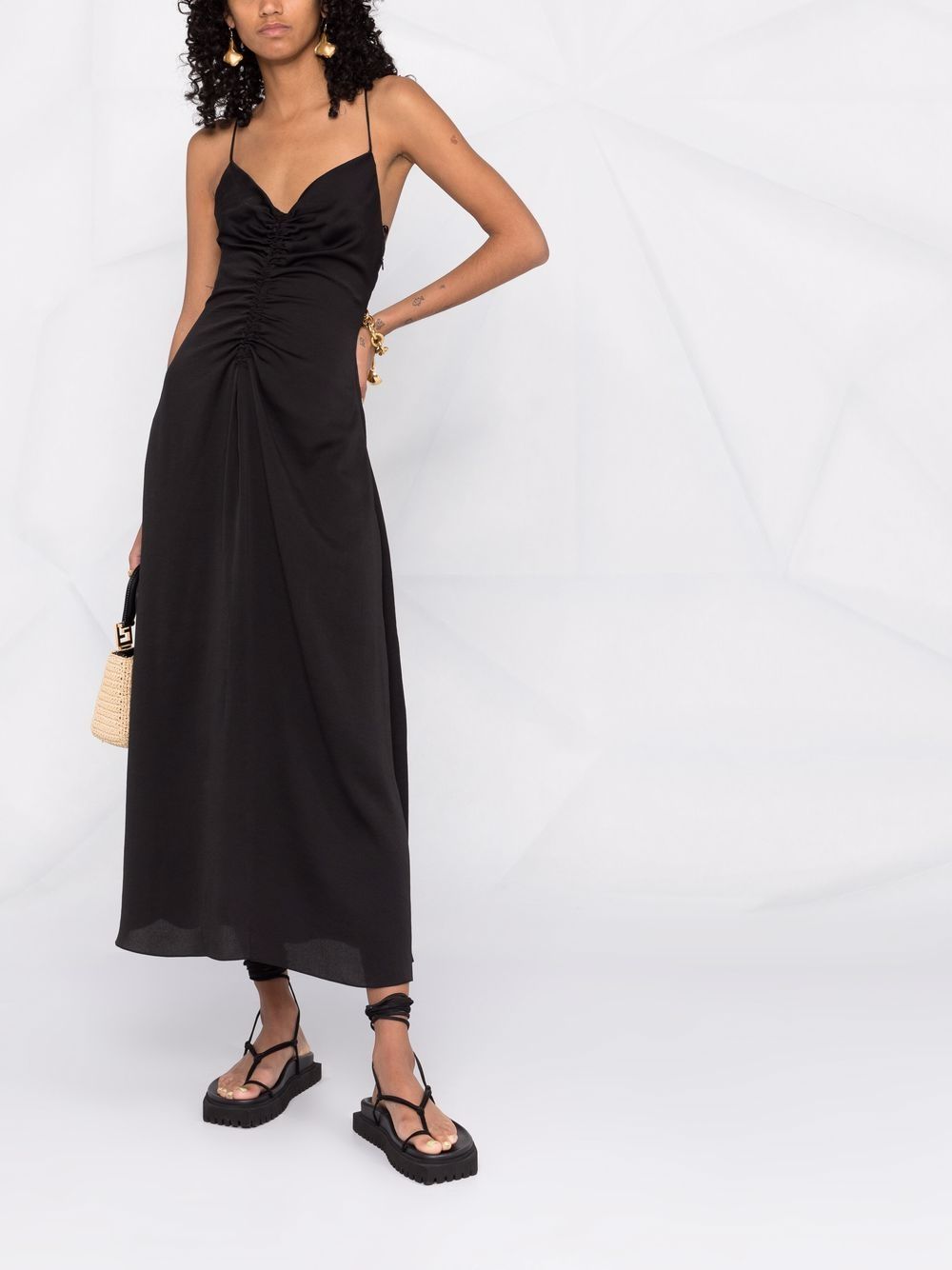 Shop Sandro Ruched Sleeveless Midi Dress In Black