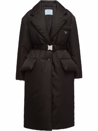 Shop Prada logo-plaque belted-waist coat with Express Delivery - FARFETCH