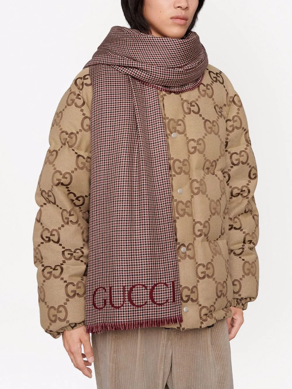 Gucci Script Checked Scarf In Braun
