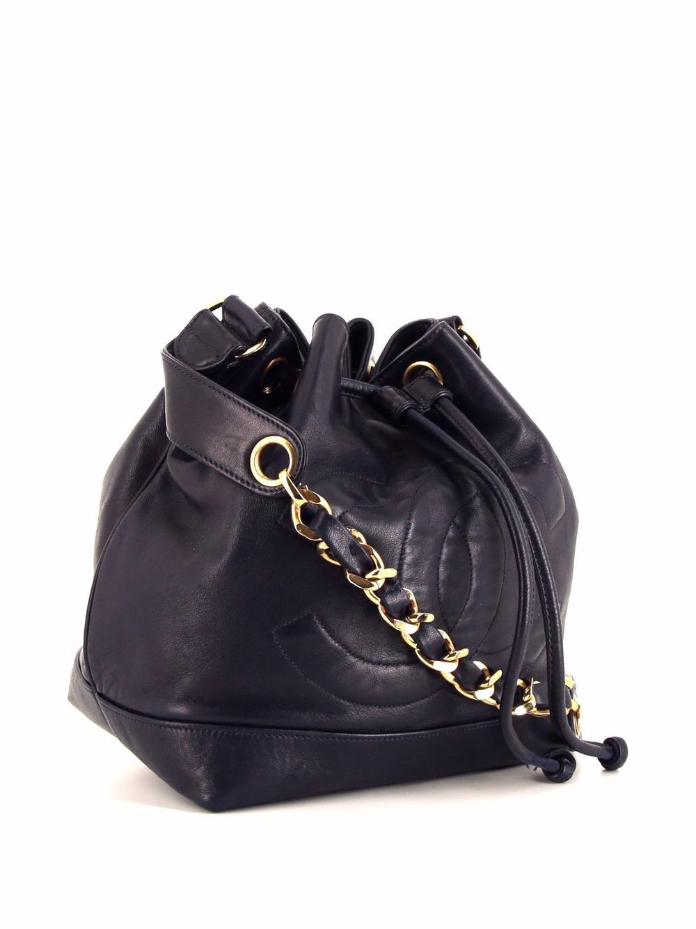 1990s Chanel ICONIC CC vintage navy blue drawstring bucket bag