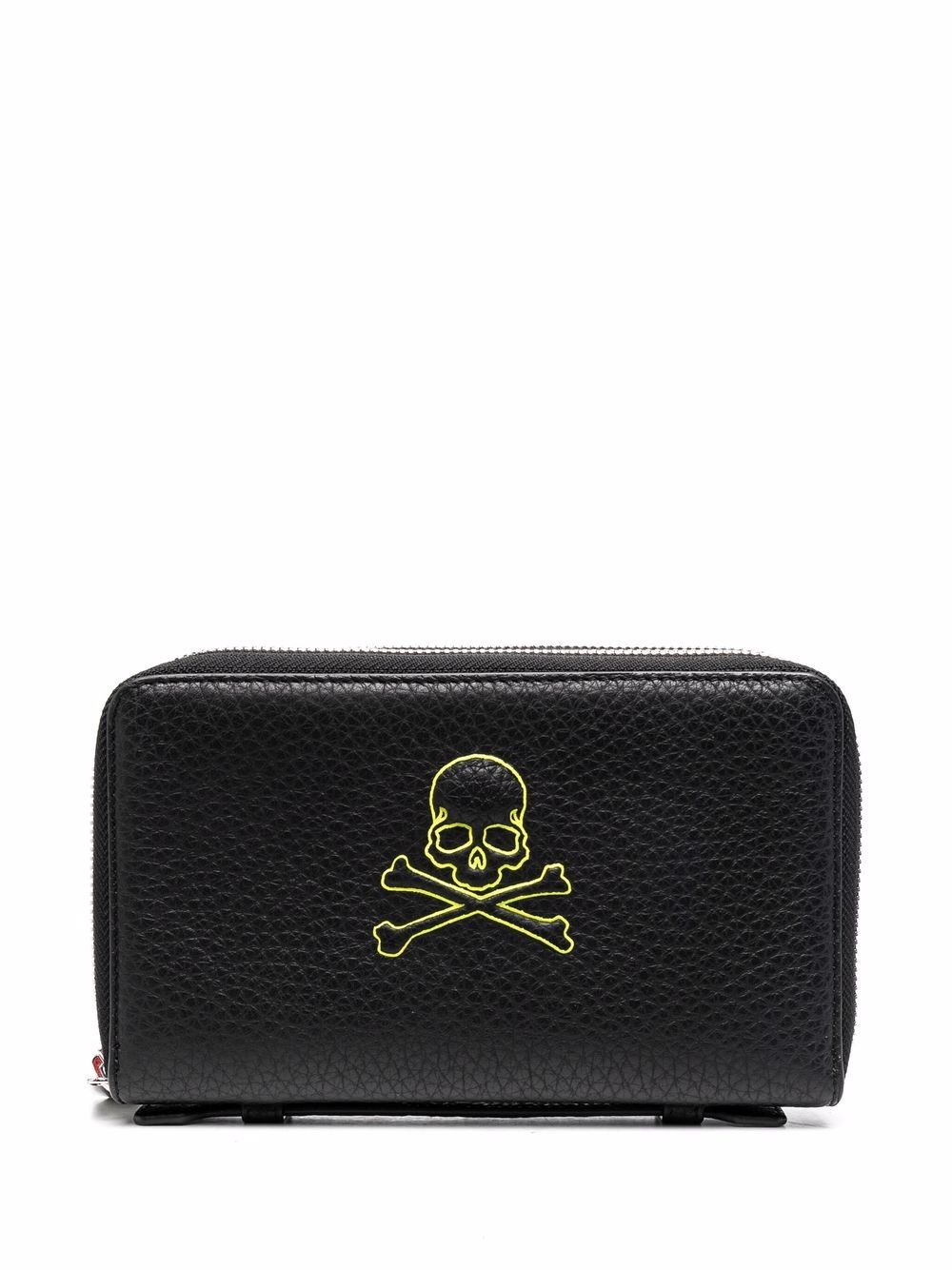 Skull embroidered double-zip leather wallet