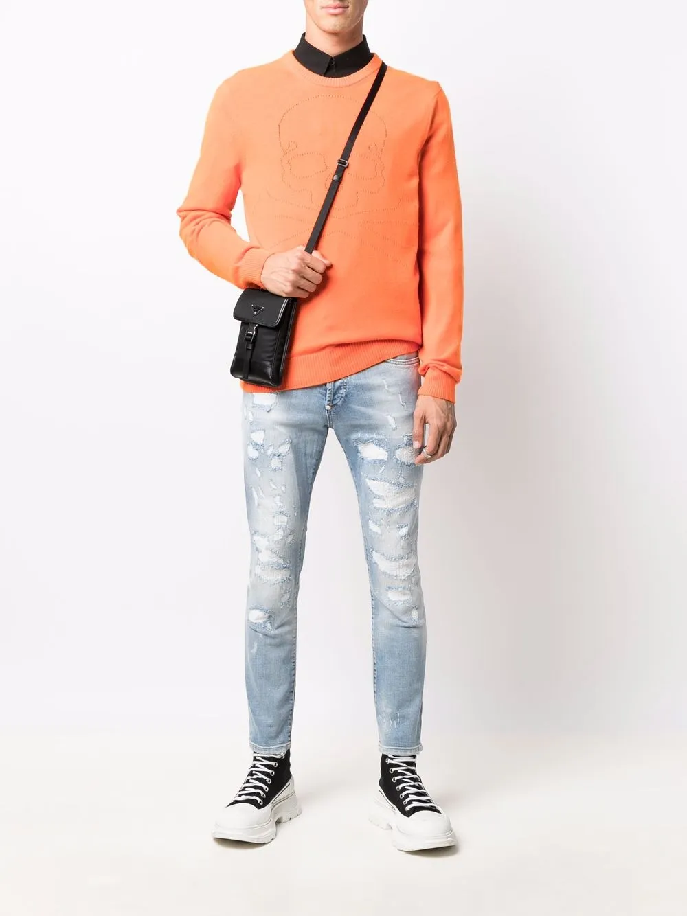 Shop Philipp Plein Fine-knit Skull-motif Jumper In Orange