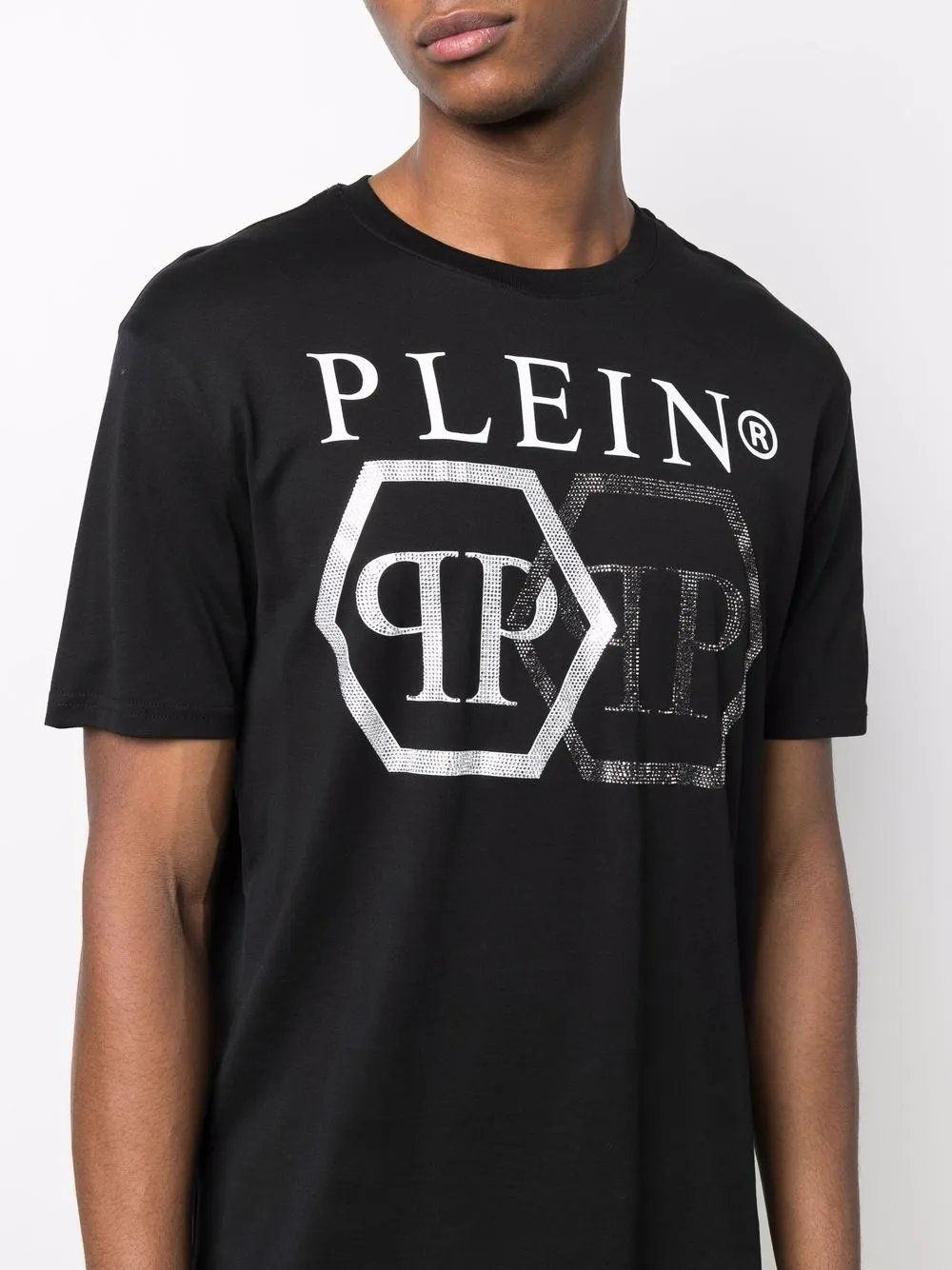Tシャツ・カットソー Philipp Plein Black Cotton Hexagon T-Shirt With Crystal Logo Philipp Plein Cotton Hexagon T-Shirt With Crystal Logo in