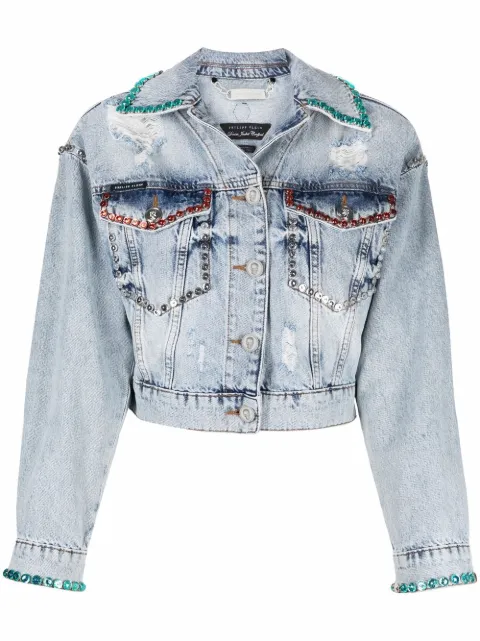 Philipp Plein جاكيت جينز ممزق مزين بكريستال