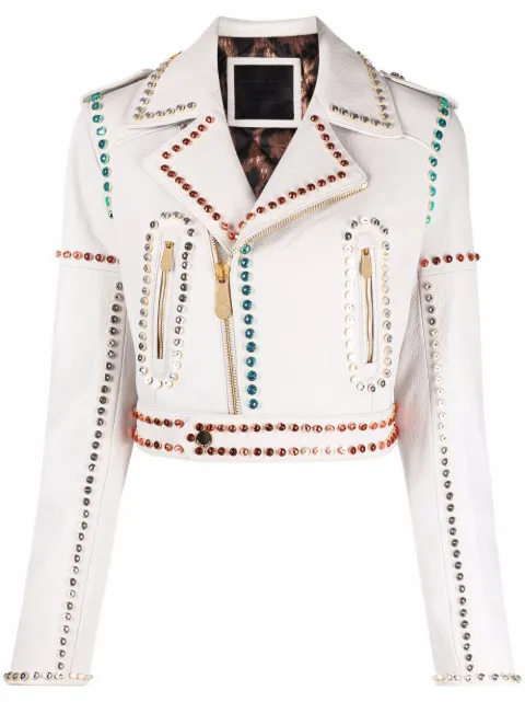 Philipp Plein crystal-trim studded cropped biker jacket