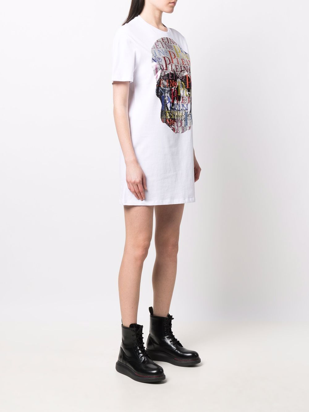 Shop Philipp Plein Skull rhinestone logo T-shirt dress with Express ...