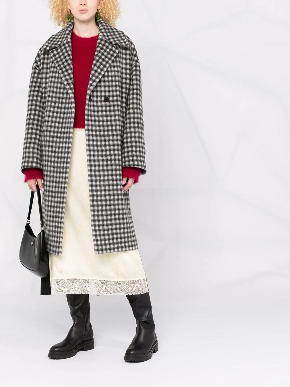 check-pattern drop-shoulder coat