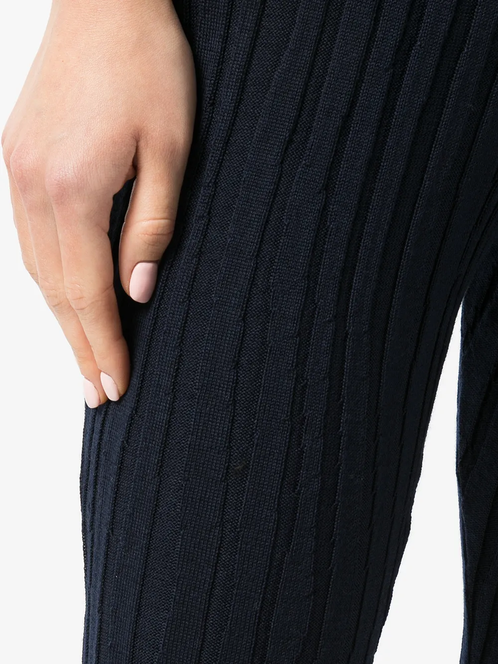 Shop Mame Kurogouchi Ribbed-knit Flared-cuff Trousers In Blue