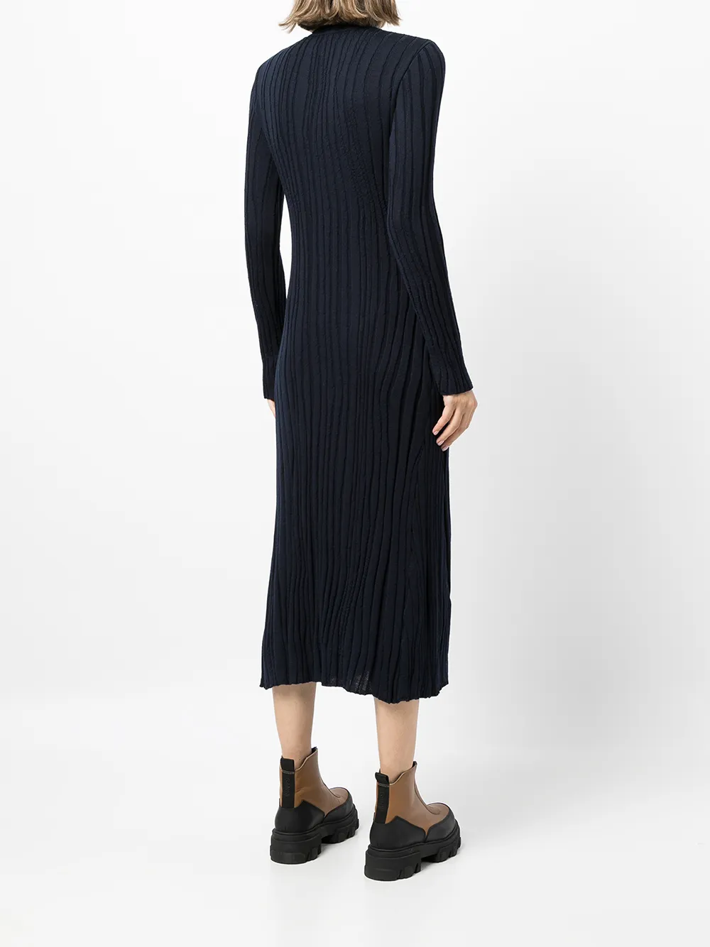 Navy Winding Ribbed Knitted Dress In Blue