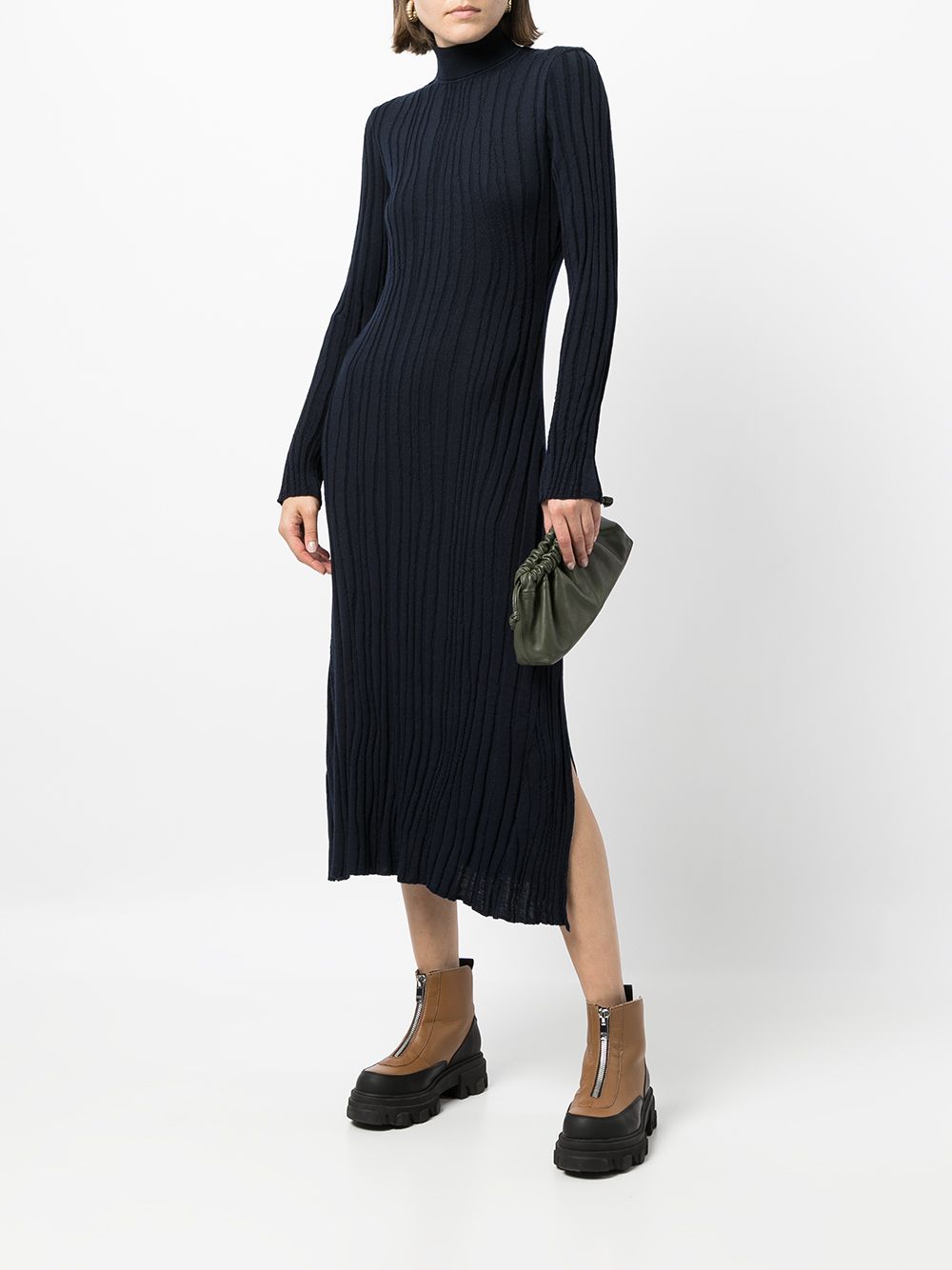 Navy Winding Ribbed Knitted Dress In Blue