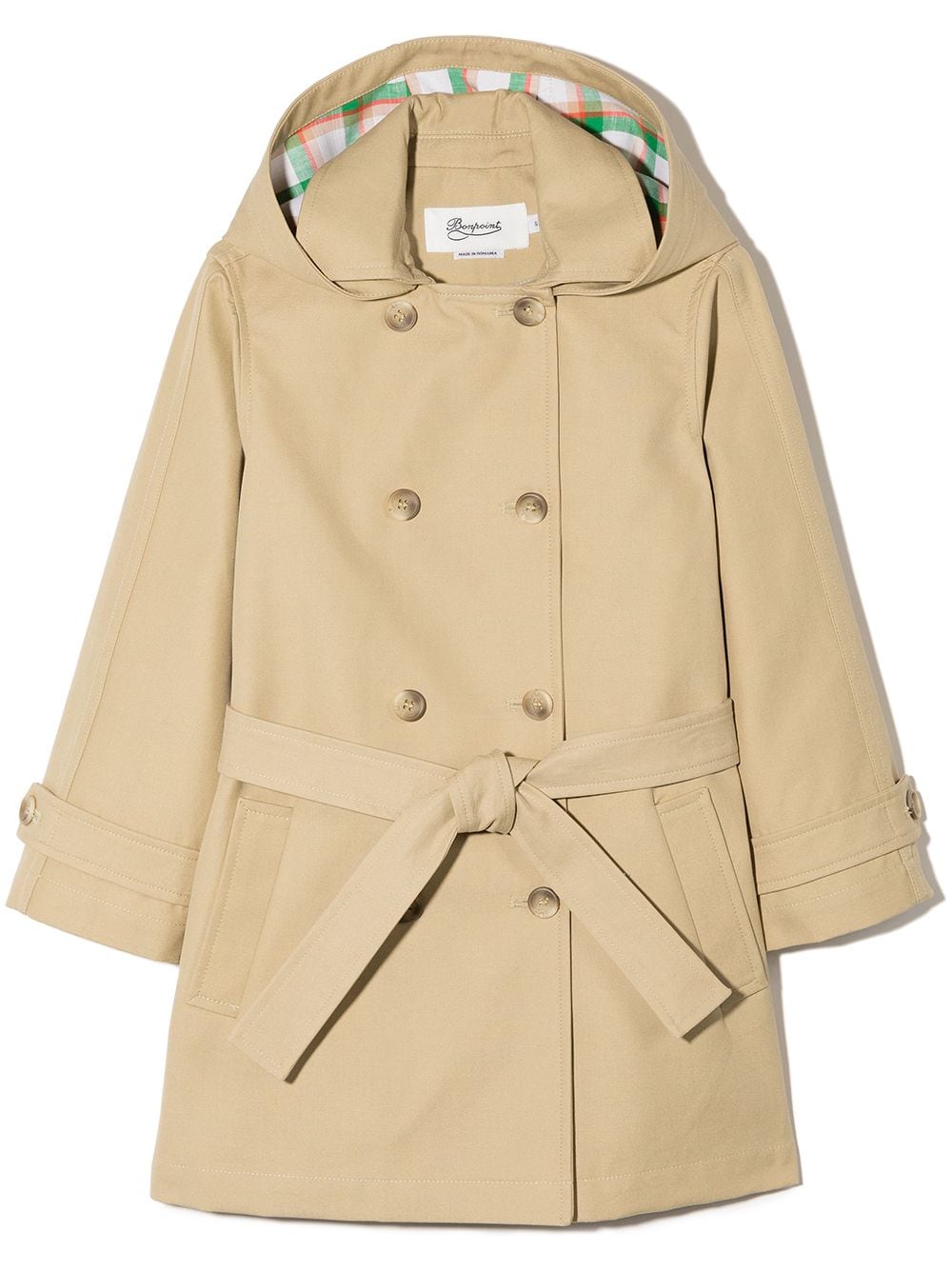 Bonpoint Kids' Double-breasted Hooded Trench Coat In Neutrals