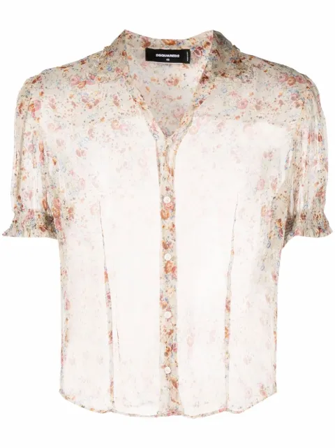 DSQUARED2 sheer puff-sleeve floral-print shirt