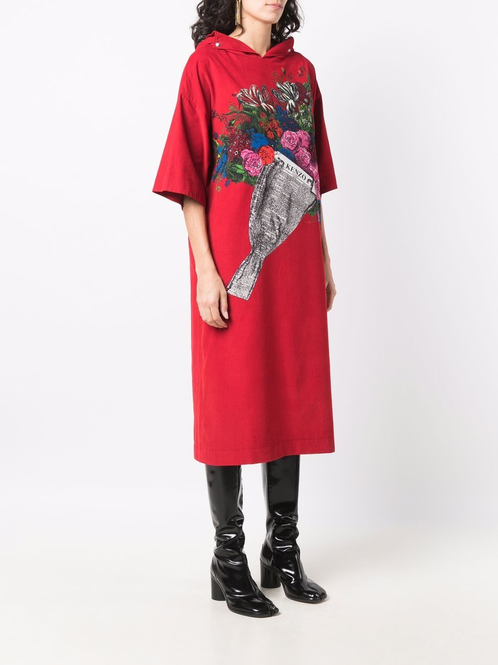 Shop Kenzo Floral-print Hoodie Dress In Red