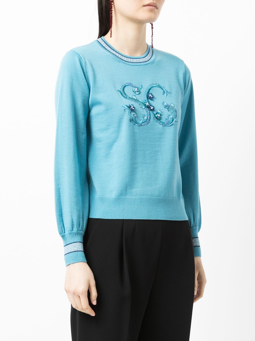 Shop Shiatzy Chen Logo-embroidered Merino Jumper In Blue