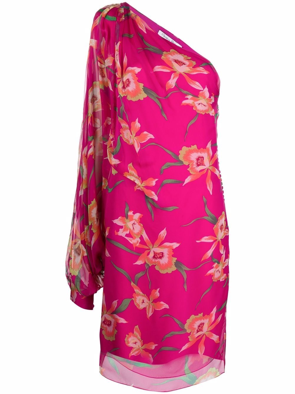 Pre-owned Dior  Floral-print One-shoulder Silk Dress In Pink