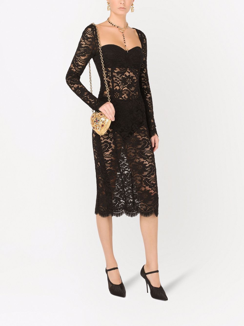 Shop Dolce & Gabbana Scallop-hem Lace Midi Dress In Black