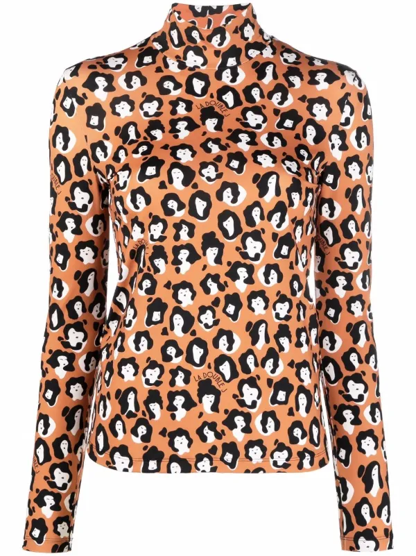La DoubleJ Face-animal Print Turtleneck Top in Orange