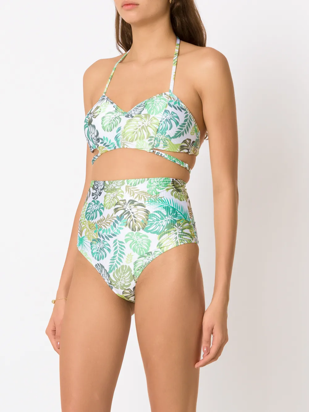 Shop Amir Slama Palm Leaf Print High-rise Bikini In Green