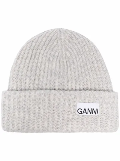 GANNI logo-patch ribbed-knit beanie 