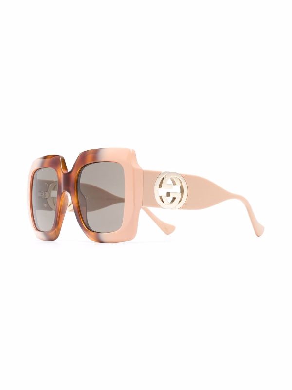 Gucci Square Acetate Sunglasses w/ Interlocking G Detail Havana