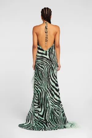 Feather-Trimmed Freedom-Print Maxi 