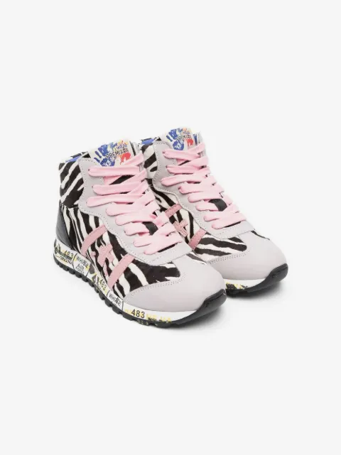 Premiata Kids tenis altos con estampado de cebra