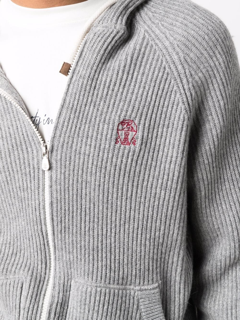 Shop Brunello Cucinelli Embroidered Logo Cashmere Cardigan In Grau