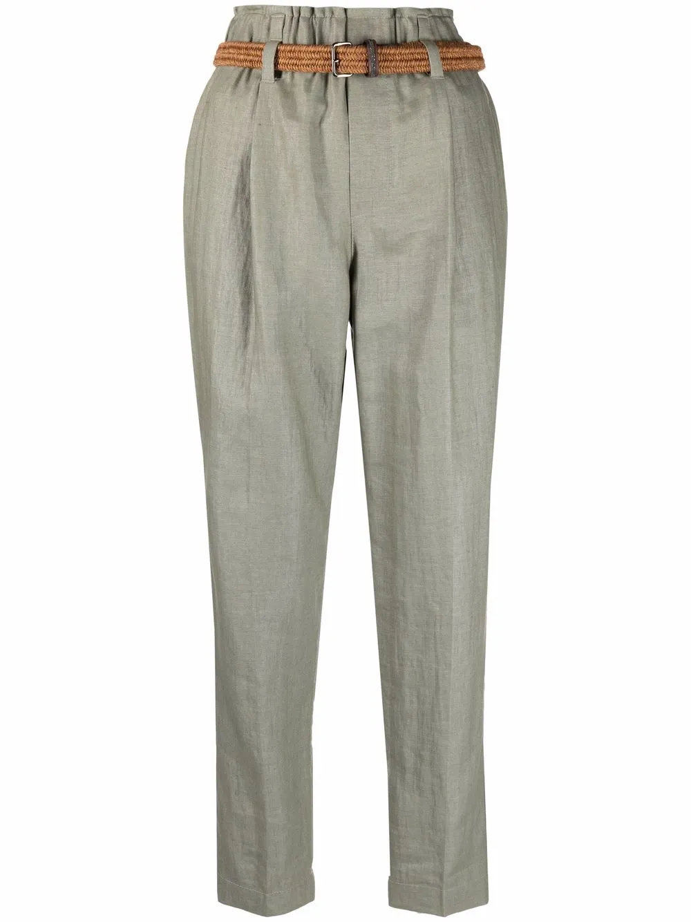belted tapered-leg trousers