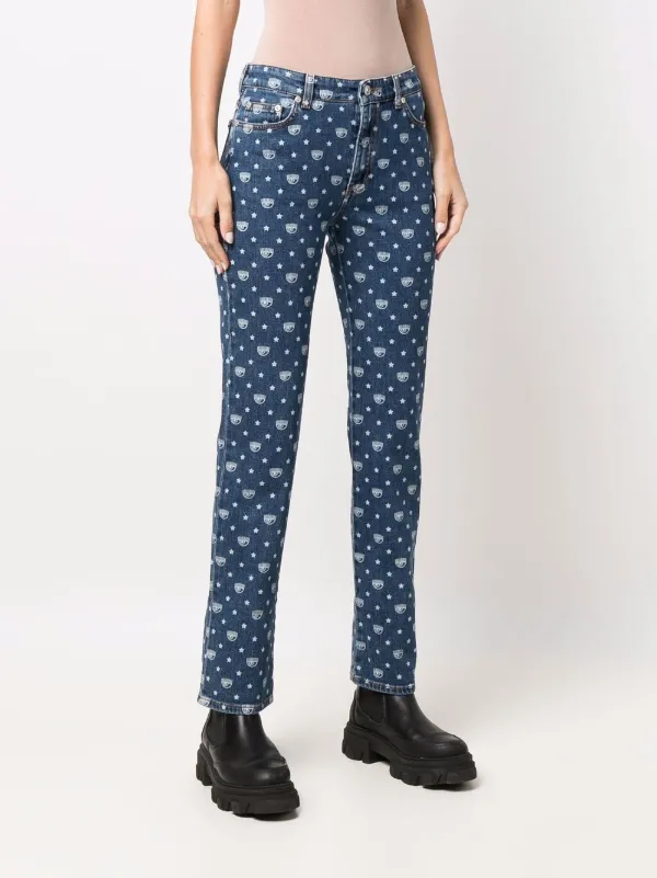 Jeans slim con stampa Blu Farfetch Abbigliamento Pantaloni e jeans Jeans Jeans straight 
