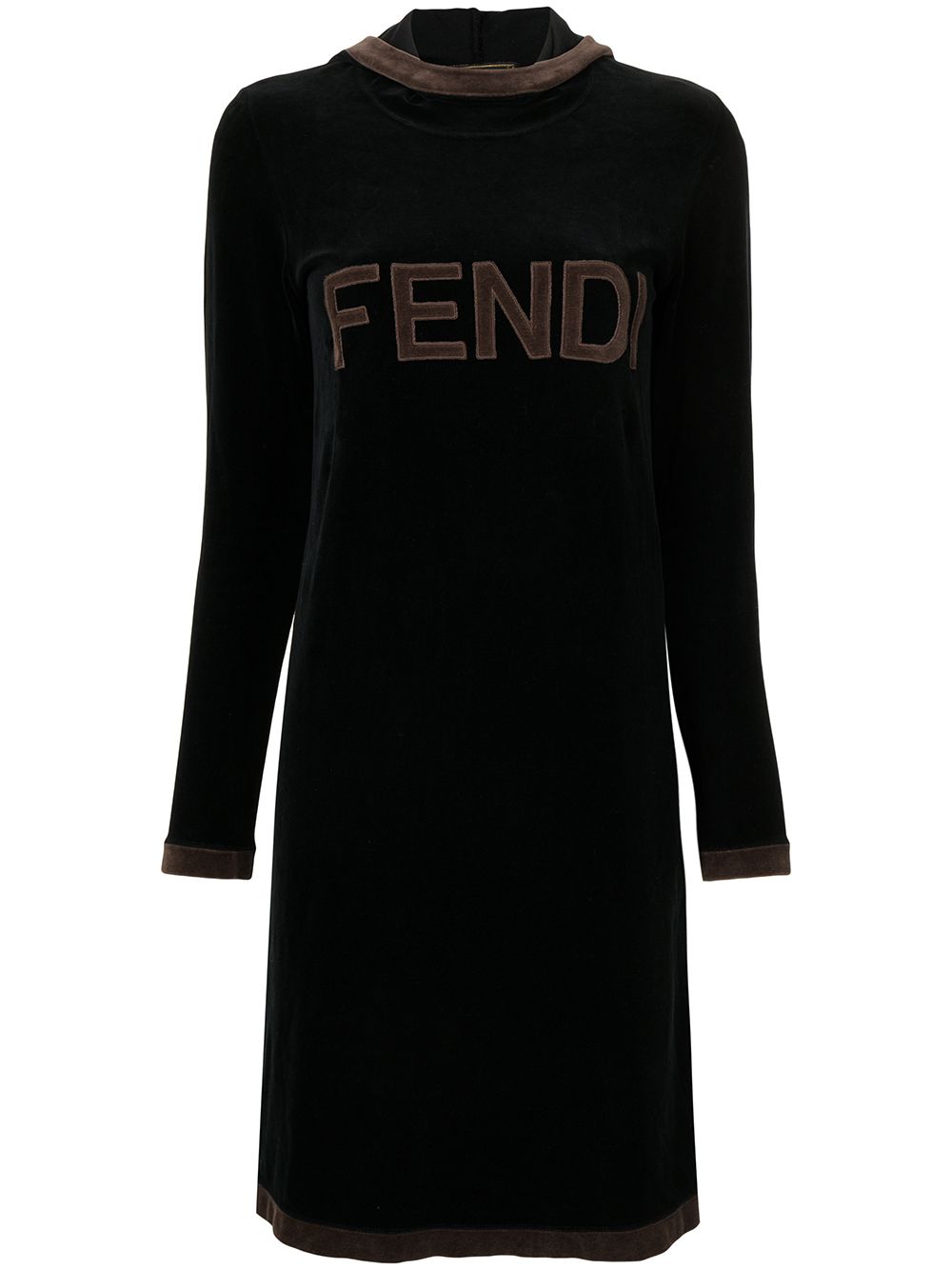Pre-owned Fendi 1990s Logo Patch Hooded Knee-length Dress In Black