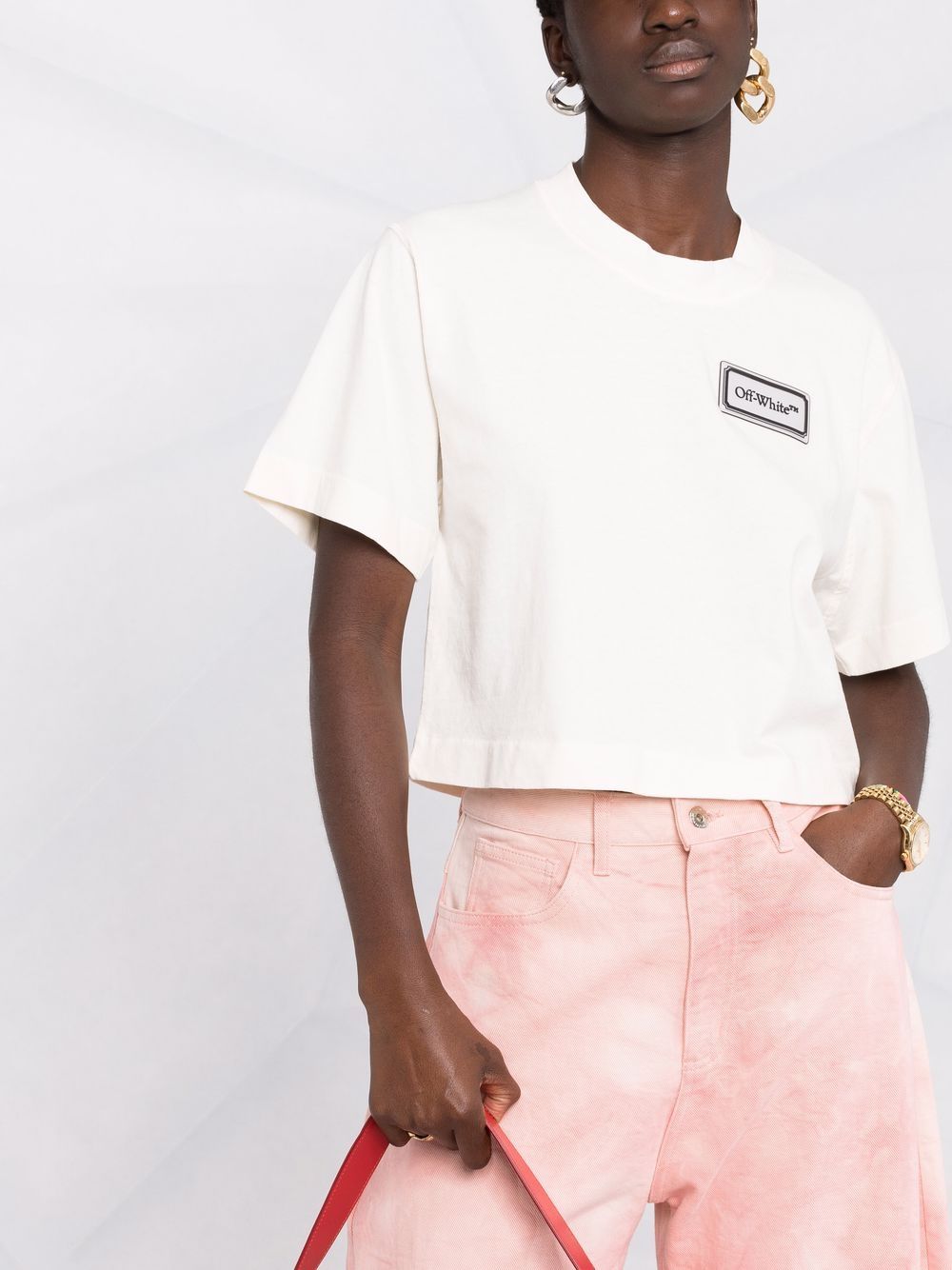 Shop Off-white Logo-patch Cropped Short-sleeve T-shirt In Neutrals