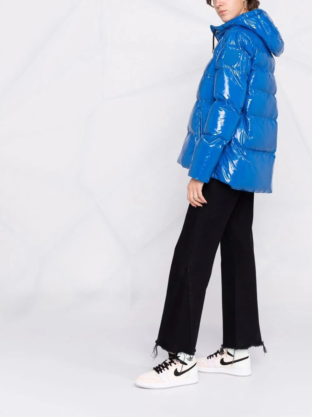 blue high shine puffer jacket