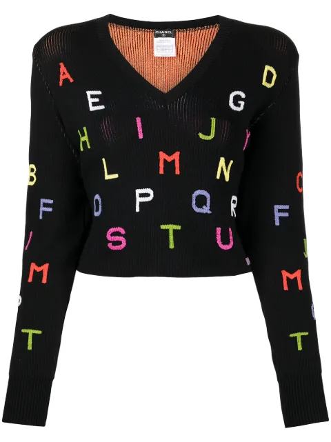 CHANEL Pre-Owned 2001 lettering embroidery V-neck jumper